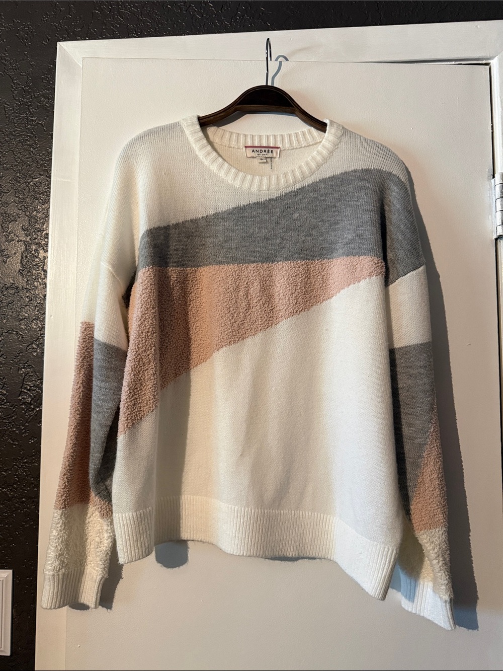 Andree Cream, Gray & Blush Colorblock Crewneck Sweater